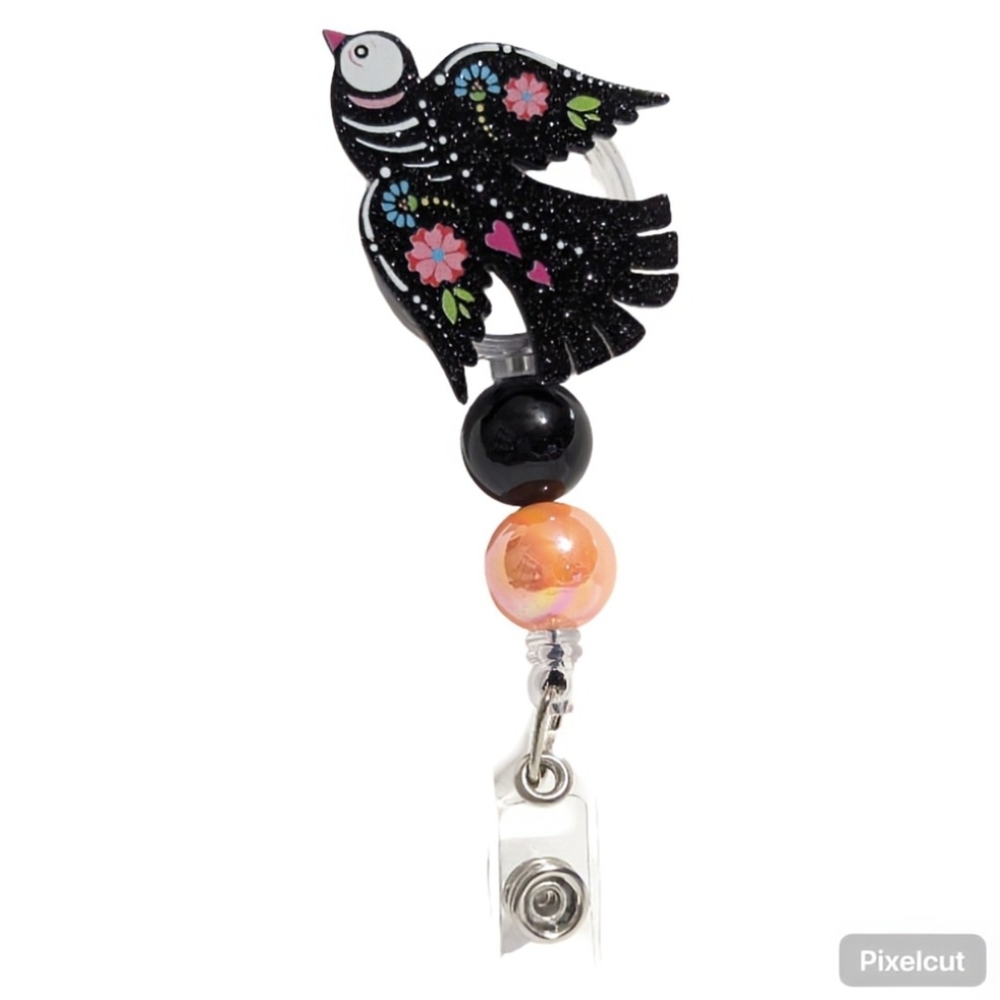 Clip-On Retractable Beaded Badge Reel with Day Of The Dead Painted Bird